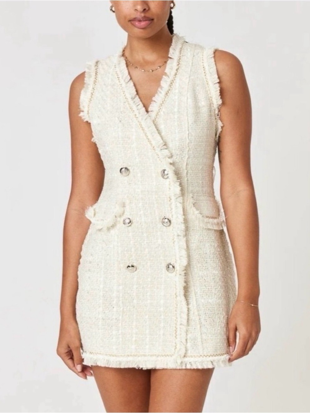 Trixxi Sleeveless Cream Tweed Double-Breasted Shift Dress